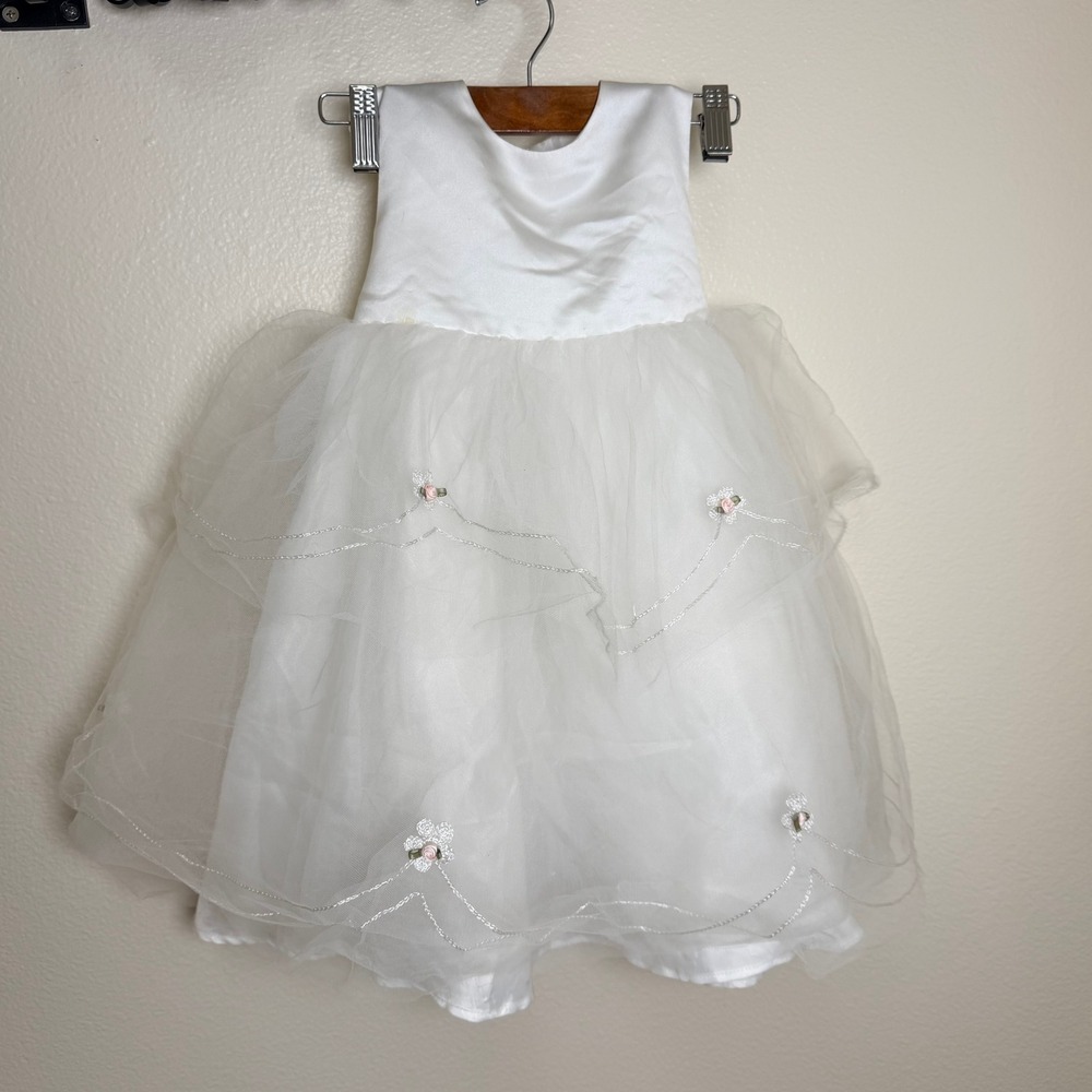 Us Angels White Tulle Flower Girl Dress Satin Bow Embroidered Floral 2T #448